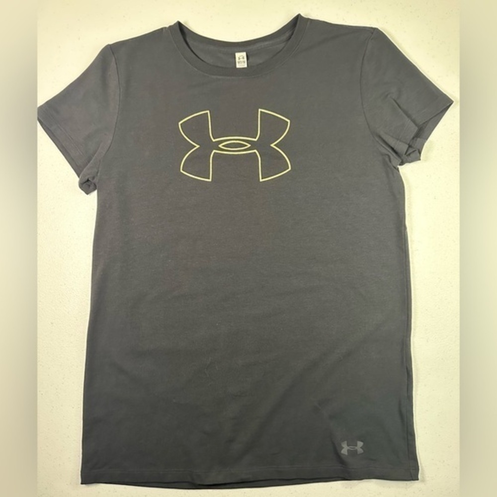 Under Armour HeatGear Womens Medium Gray Gold Logo Loose Fit T-Shirt‎